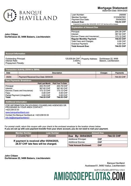 em branco Liechtenstein Banque Havilland Declaração de hipoteca Word e modelo PDF